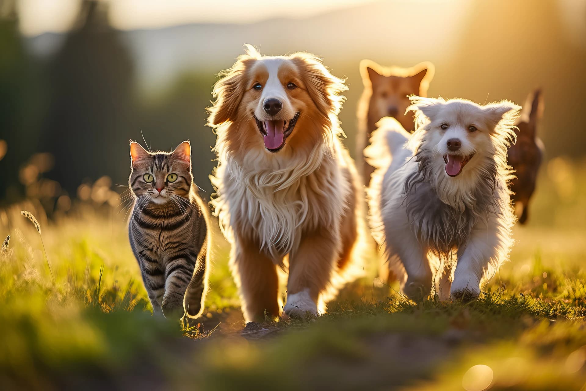 Dogs and cats sitting together
